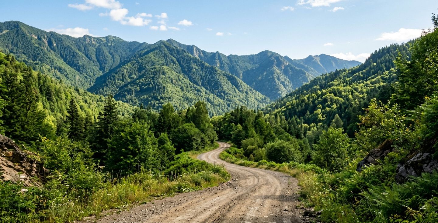 A dirt road passing through a dense green mountain range on a sunny morning