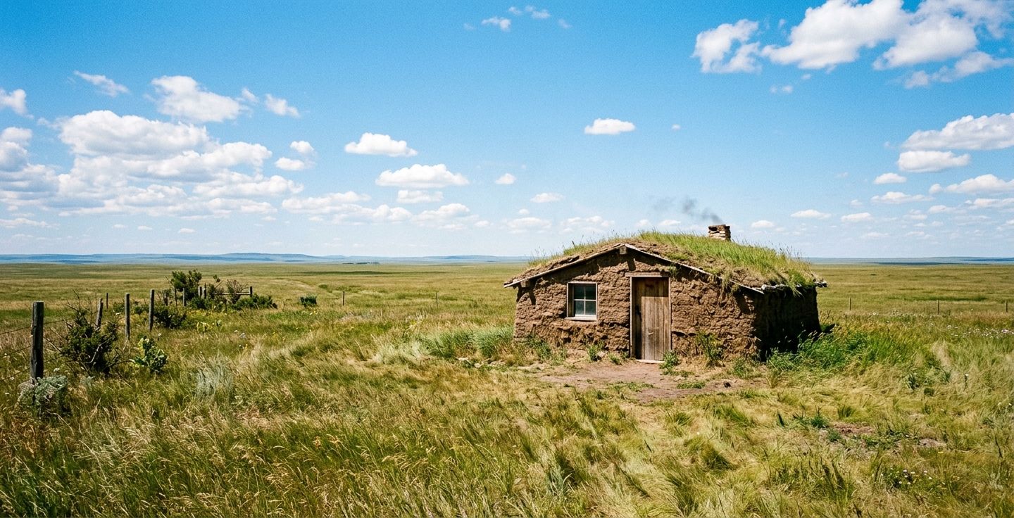 A small house made of dirt and grass sitting on a vast flat prairie under a bright blue sky