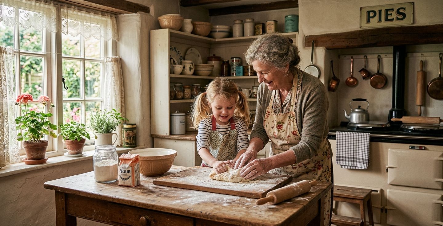 A cozy vintage kitchen scene with an older person and a young child kneading pie dough together on a wooden table warmly lit