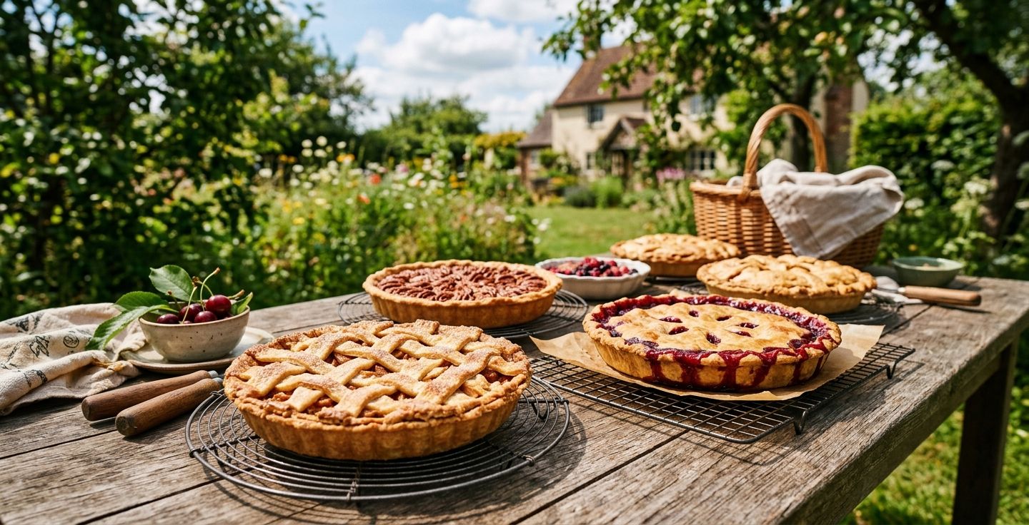 A rustic wooden table outdoors with an array of freshly baked pies like apple cherry and pecan cooling on wire racks under sunny skies
