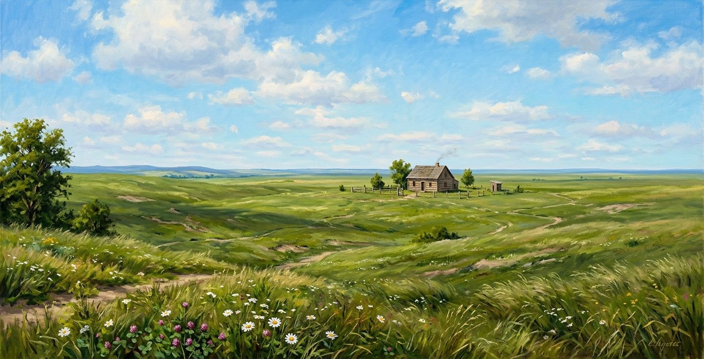 A painting of a vast green prairie with a small wooden pioneer house in the distance under a bright blue sky