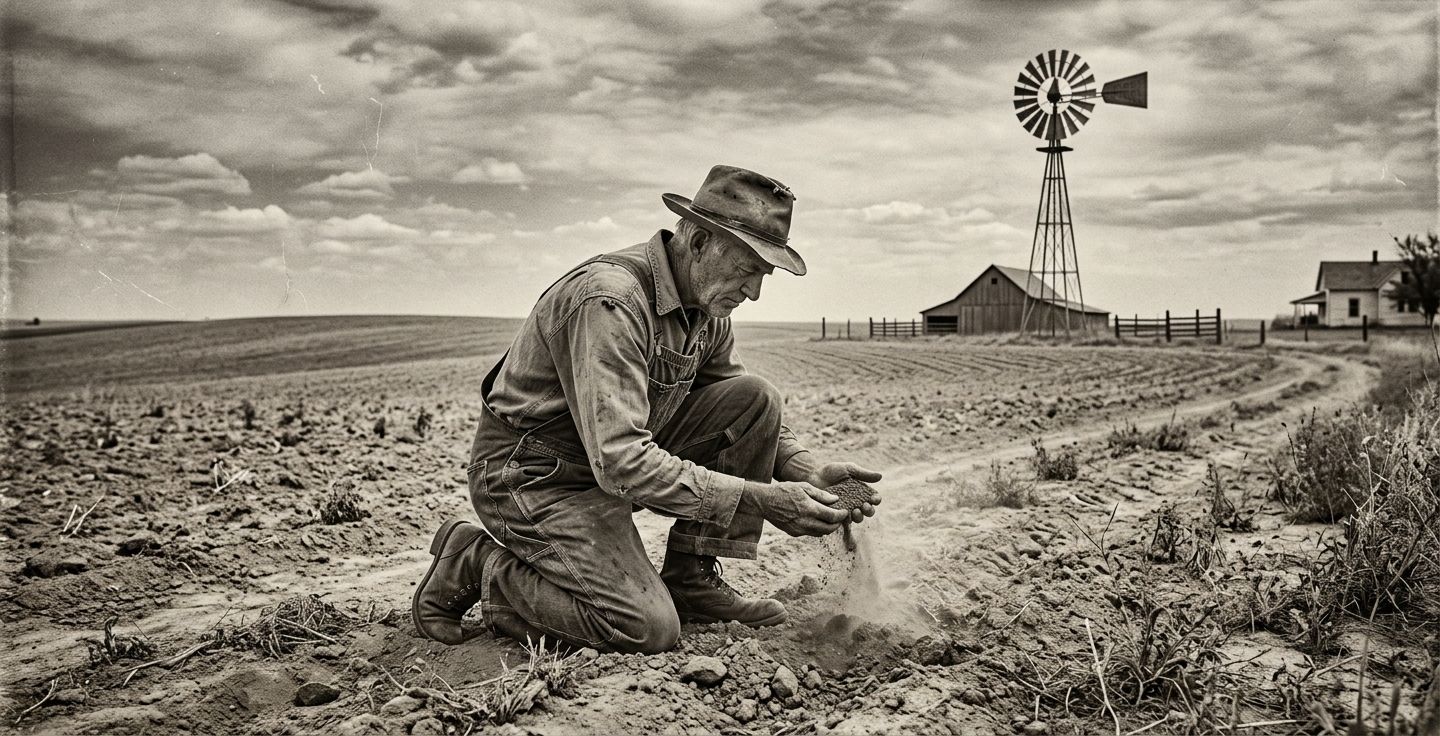 A vintage style picture of a dusty farm field with a windmill in the background and a farmer examining the dirt
