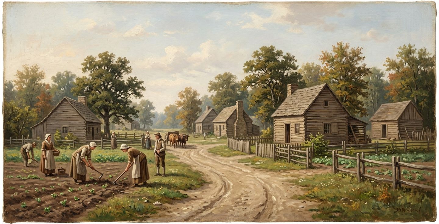 A painting of a quiet dirt road in an early American colony with small wooden houses and people planting crops
