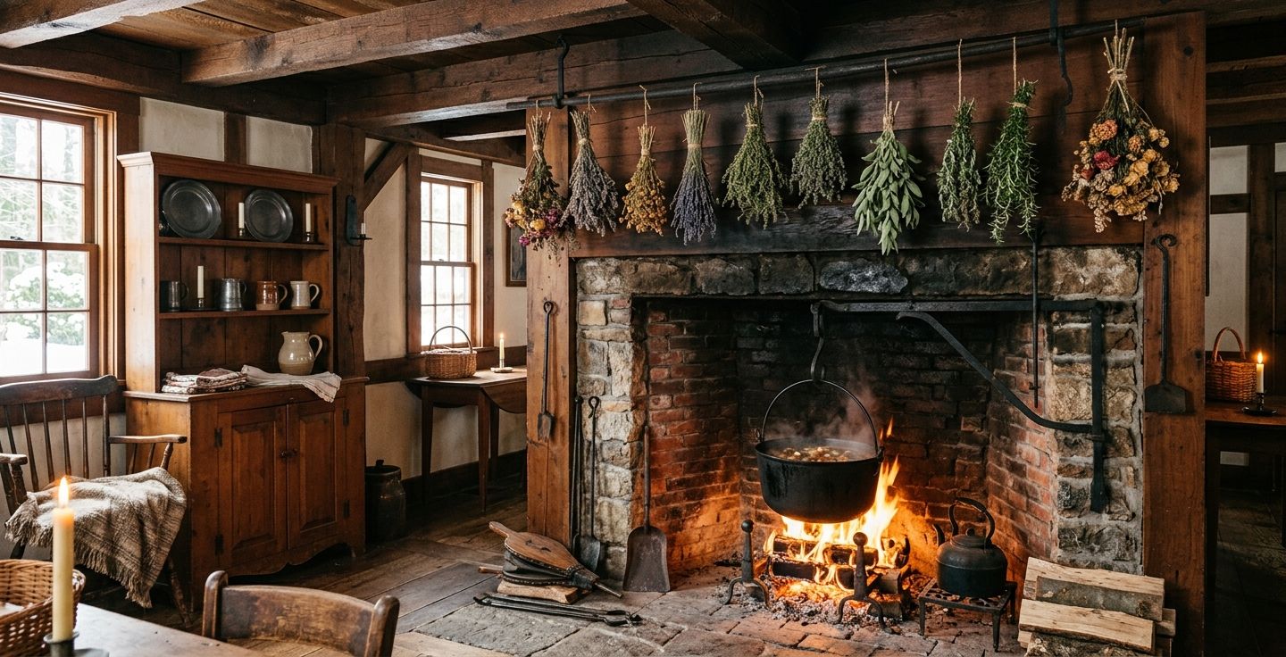 A warm colonial hearth with a cast iron pot over a fire and dried herbs hanging from the wooden ceiling