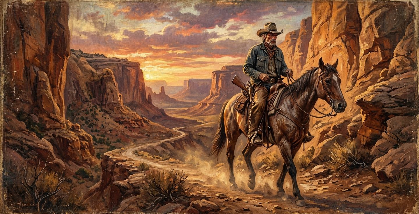 A vintage painting of a weathered cowboy riding a horse through a dusty canyon at sunset