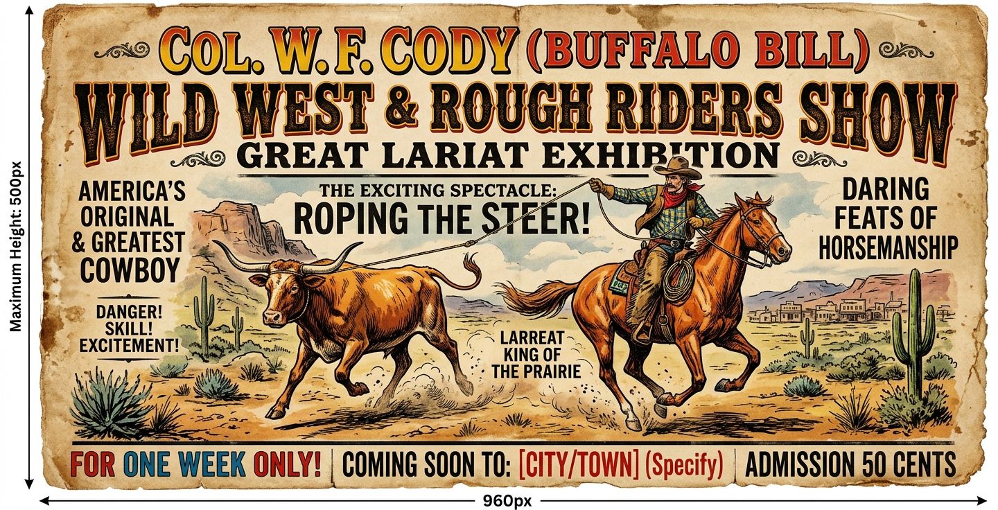 An old vintage wild west show poster showing a cowboy roping a steer with bright colors