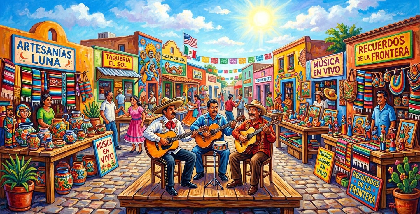 A bright colorful painting of a sunny Mexican American border town plaza with musicians playing guitars and vibrant folk art displayed on wooden tables
