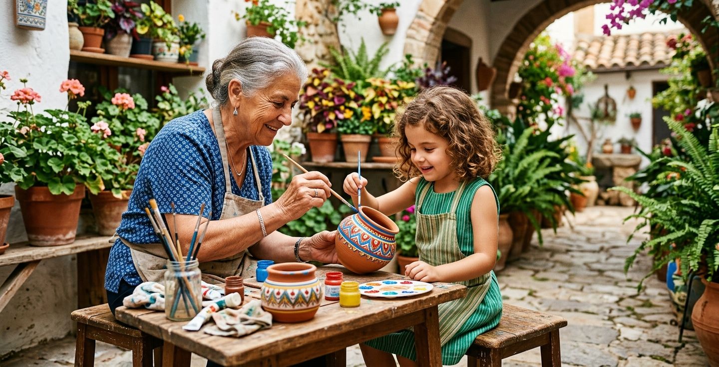 An older person showing a young child how to paint a traditional colorful pattern on a clay pot in a sunlit courtyard surrounded by plants