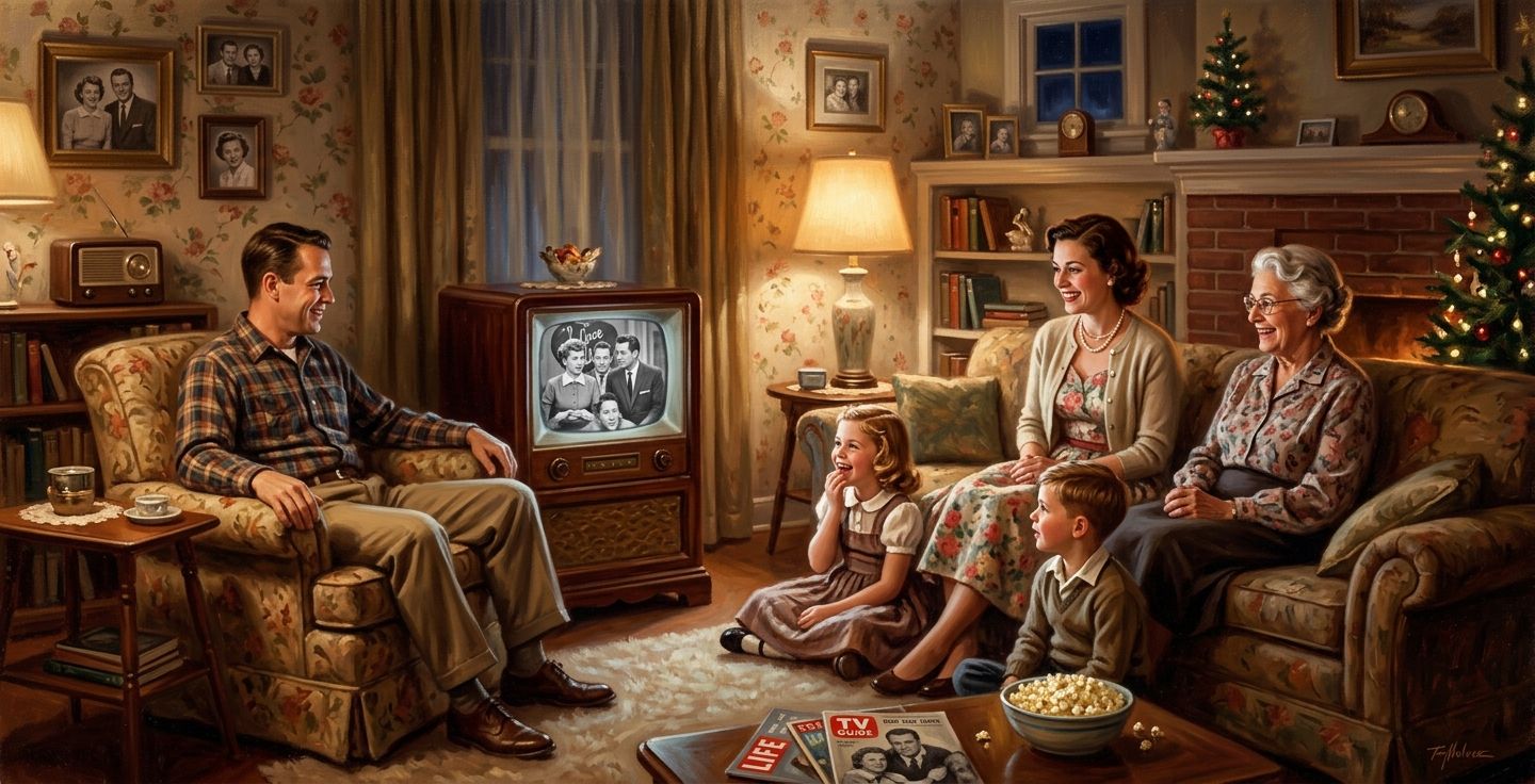 A warm nostalgic painting of a 1950s American family gathered in a cozy living room around a glowing wooden television set