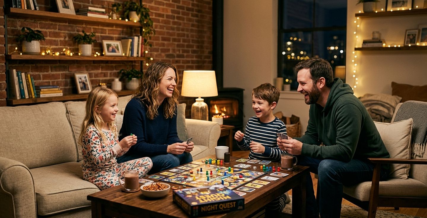 A cozy modern living room at night where a young family is laughing and playing a board game on a wooden coffee table