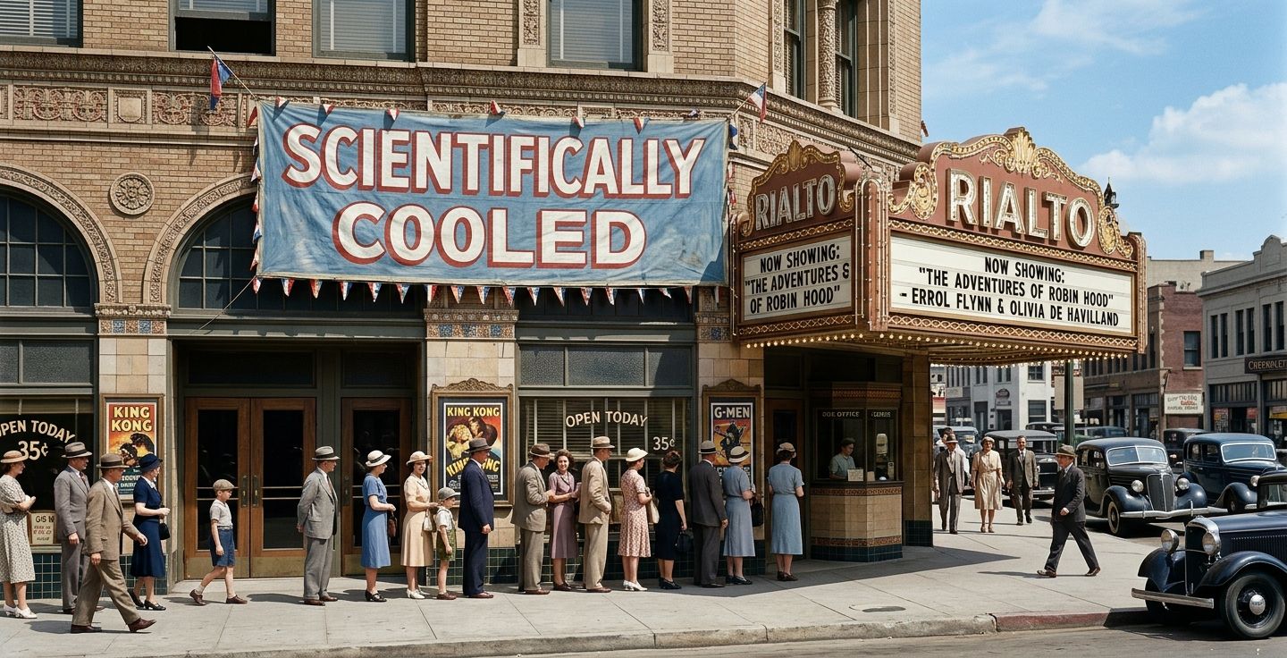 Vintage 1930s movie theater exterior on a sunny day with a large painted banner reading Scientifically Cooled hanging above the entrance with people lining up