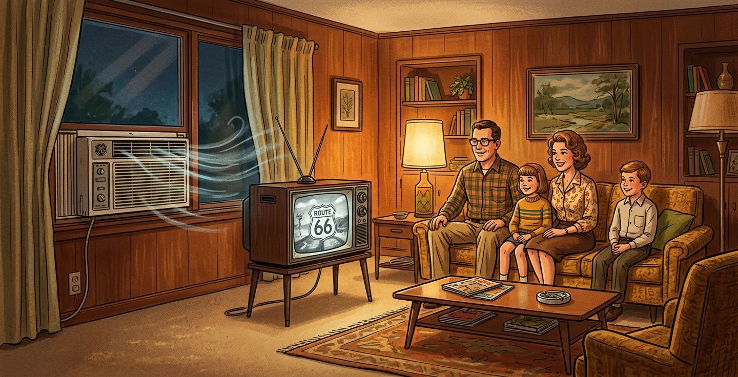 Nostalgic illustration of a family sitting comfortably in a mid century living room watching television while a window cooling unit blows fresh air