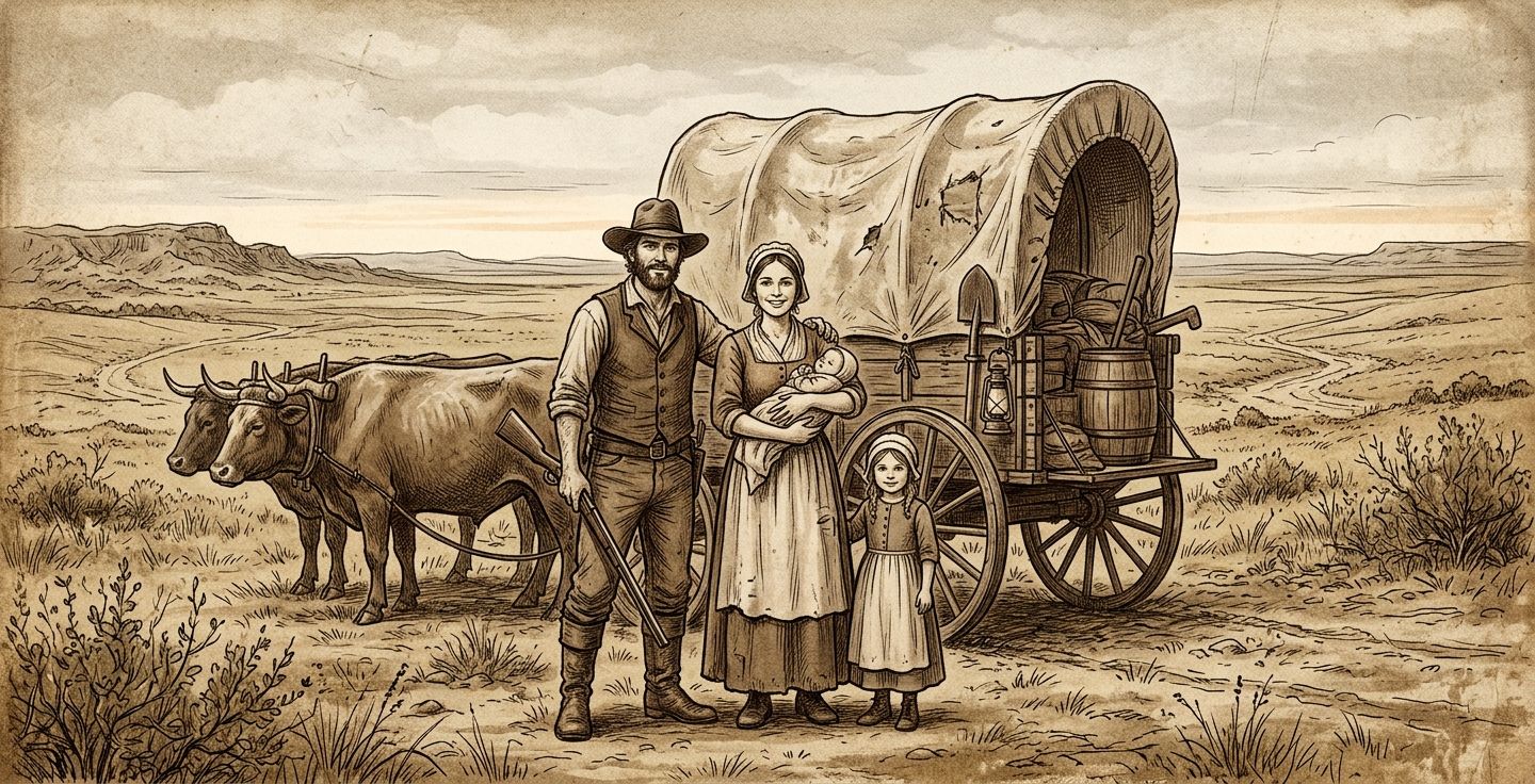 A sepia toned historical style illustration showing a young pioneer family standing proudly in front of a rustic wooden wagon with vast open plains stretching into the horizon