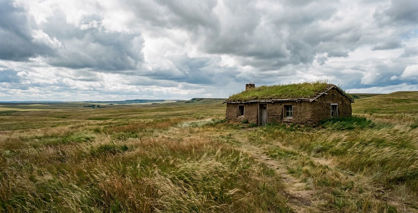 A landscape image of a sod house built from earth and grass on the wide open prairie with tall grass blowing in the wind and a vast cloudy sky