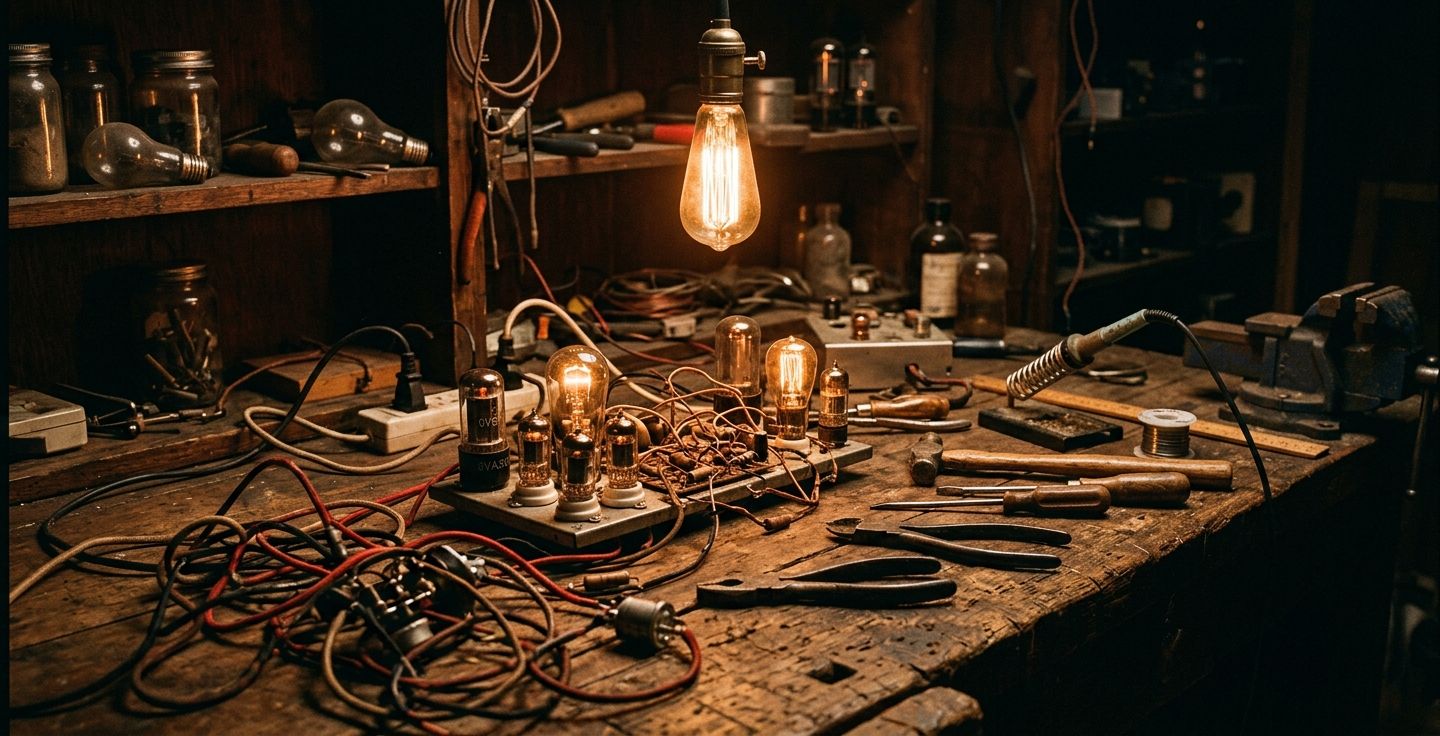 An old wooden workbench covered in wires glass bulbs and simple tools lit by a soft warm glow