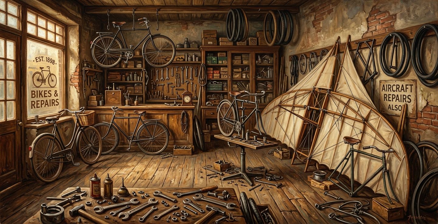 A vintage style painting of an old bicycle shop with wooden floors tools scattered around and parts of a canvas glider wing leaning against the wall