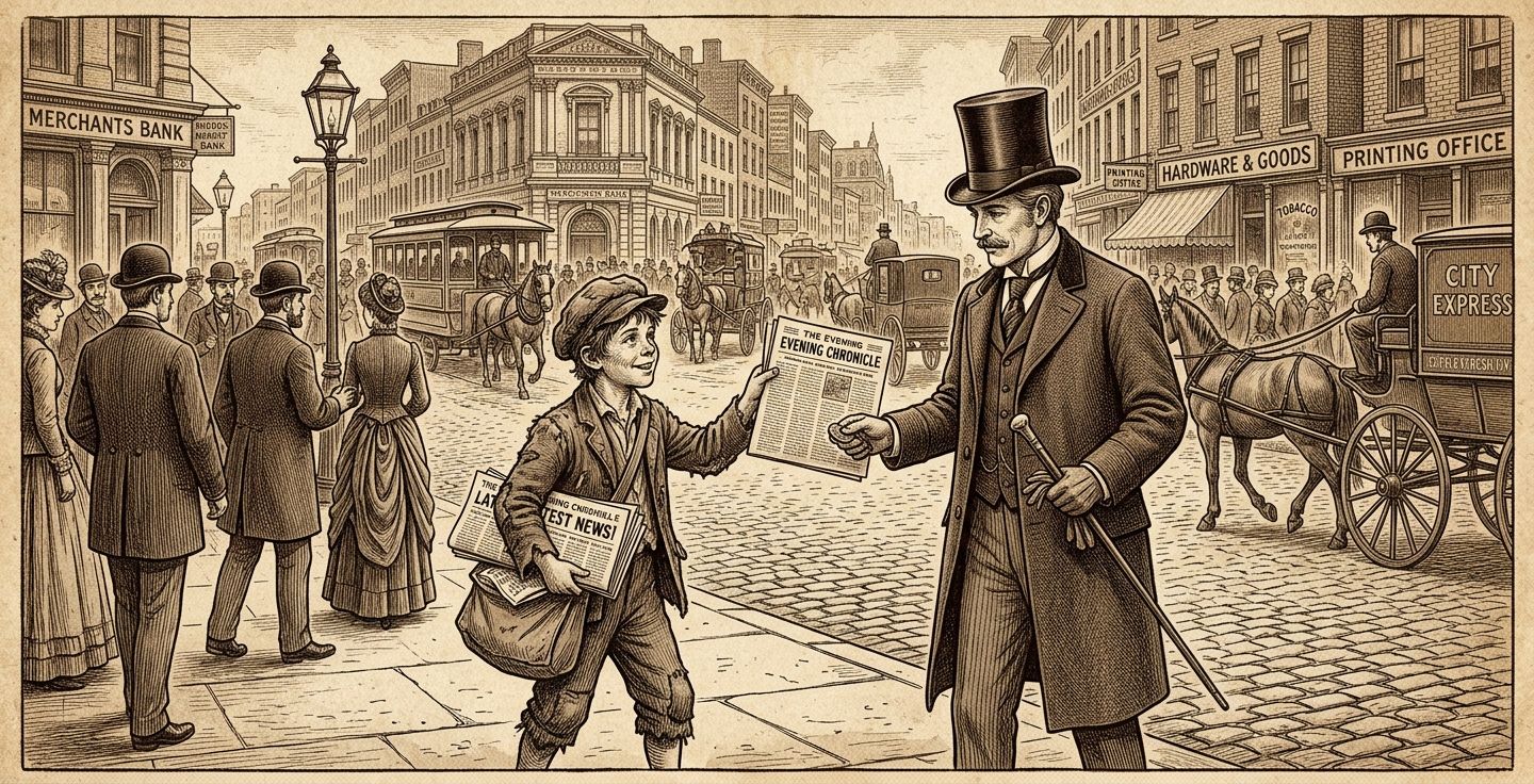 A sepia toned illustration of a busy 19th century American street scene with a young newspaper boy selling papers to a wealthy gentleman in a top hat