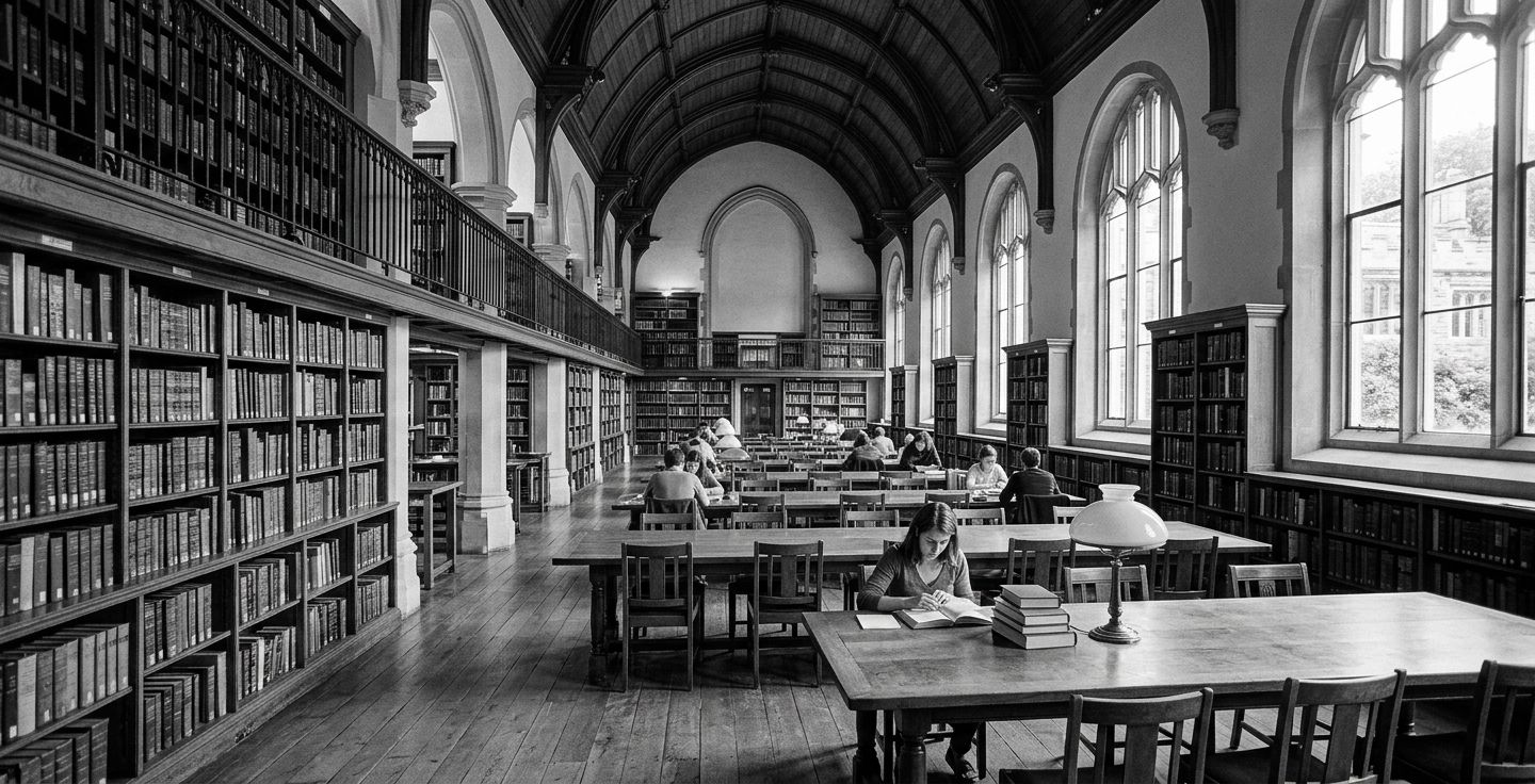 A black and white photograph style image of a grand old library reading room filled with wooden tables tall bookshelves and soft natural light streaming through large windows