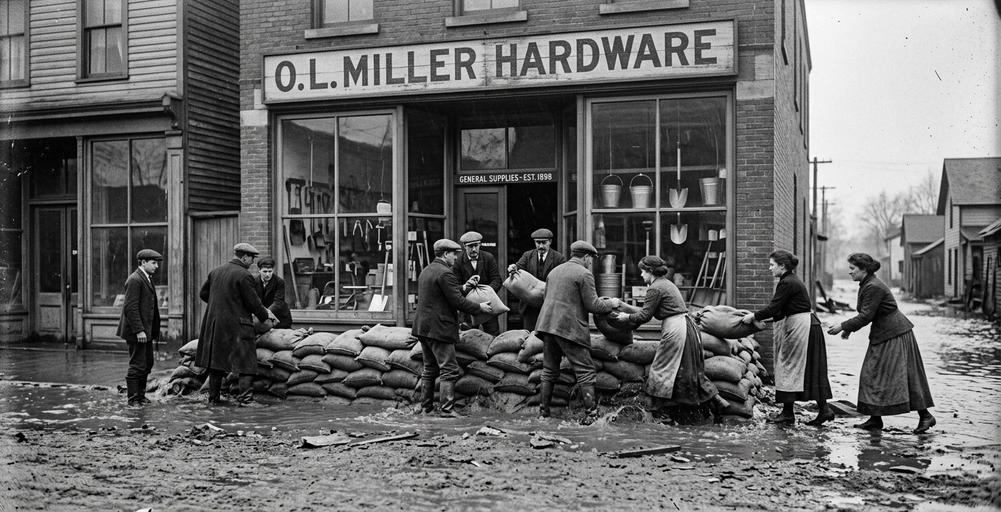 Black and white historical photograph of an early twentieth century hardware store storefront with neighbors working together piling sandbags during a flood