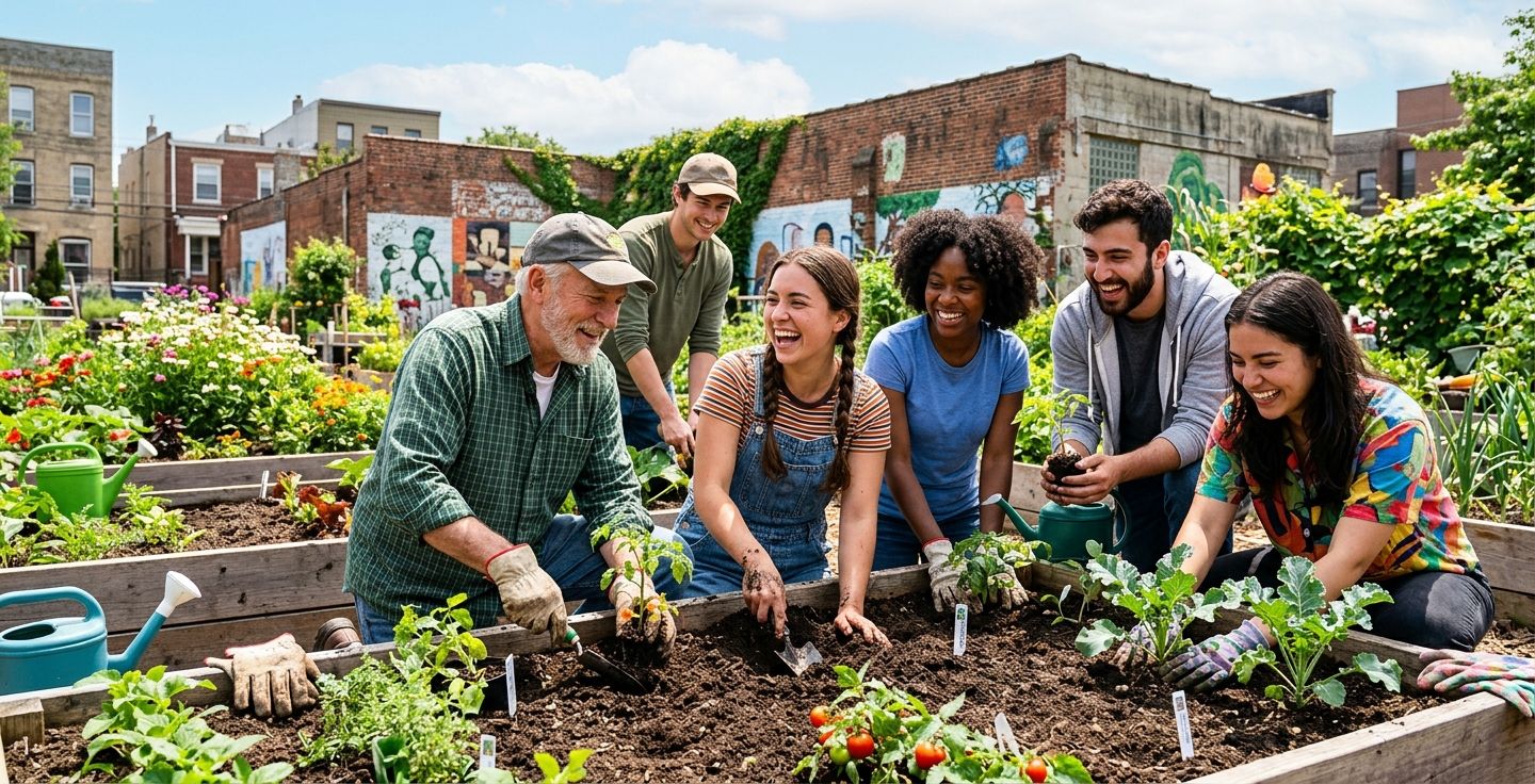Modern colorful photograph of young adults and an older man smiling while planting vegetables in an urban community backyard garden on a bright sunny day