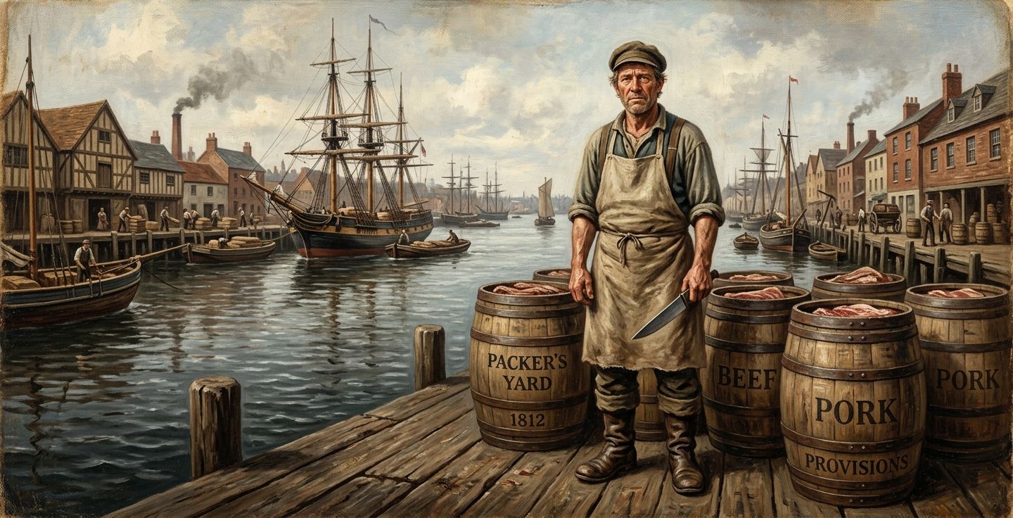 A vintage style painting of a humble meatpacker in the early eighteen hundreds standing on a wooden dock by a river next to large wooden barrels