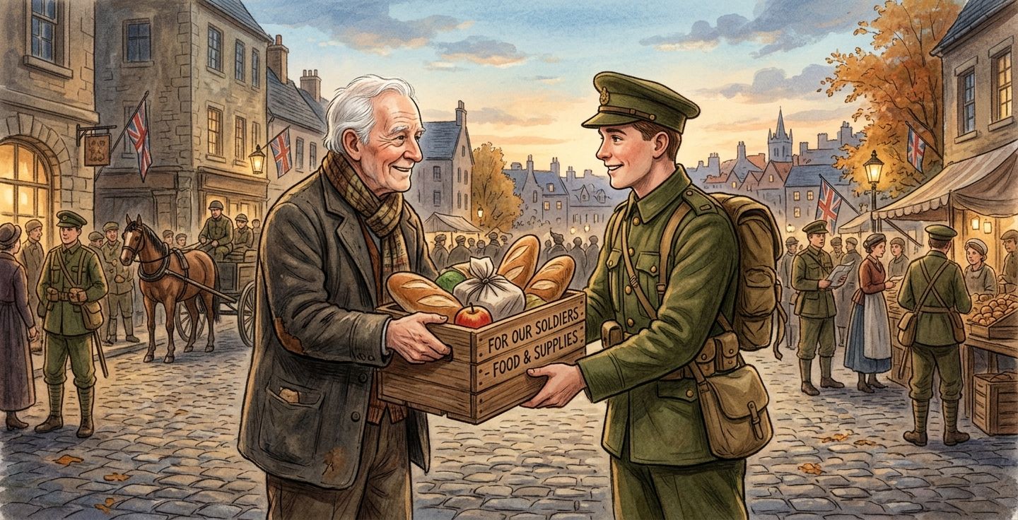 A warm and nostalgic illustration of an older man with white hair smiling kindly and handing a wooden box of food to a young soldier