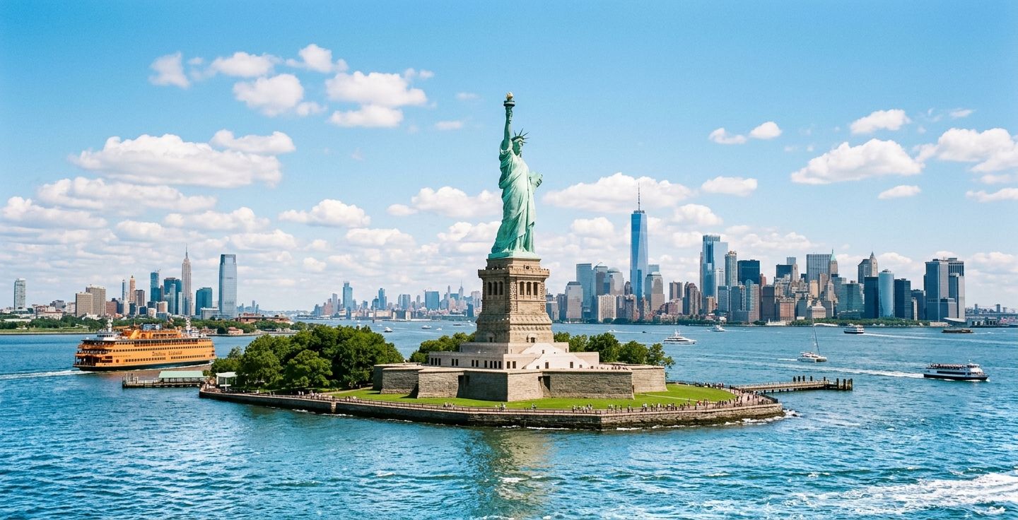 A towering Statue of Liberty standing gracefully in the middle of a sparkling New York Harbor on a bright sunny afternoon.