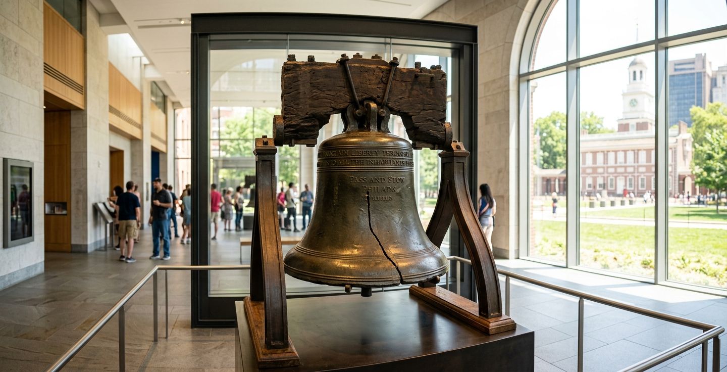 The historic Liberty Bell sitting securely in a sunlit display room with a visible large crack running up its bronze side.