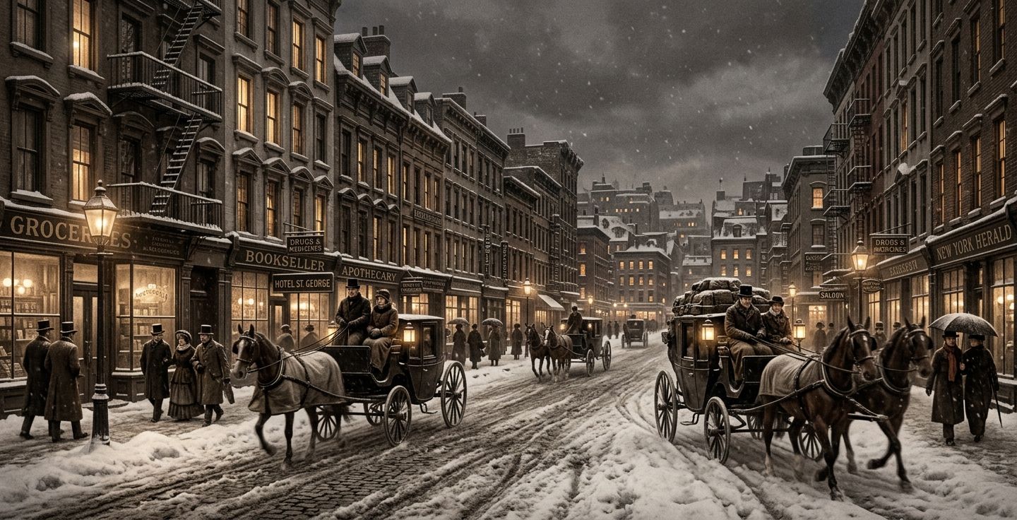 A snowy nineteenth century street scene in New York City with warmly lit windows and horse drawn carriages