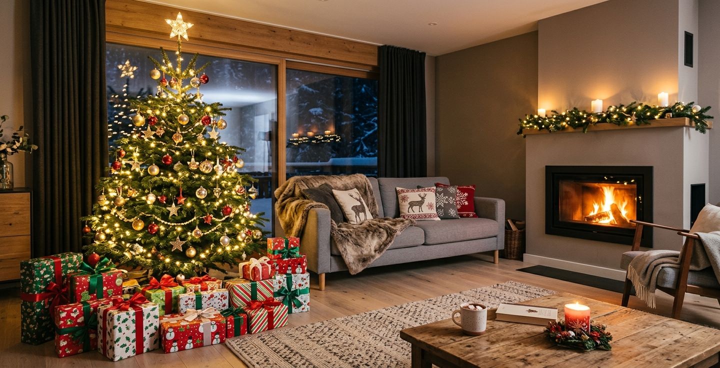 A cozy modern living room with a glowing decorated evergreen tree and brightly wrapped packages