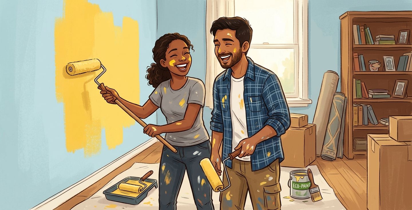 A warm illustration of a young diverse couple laughing while painting a living room wall together with paint rollers