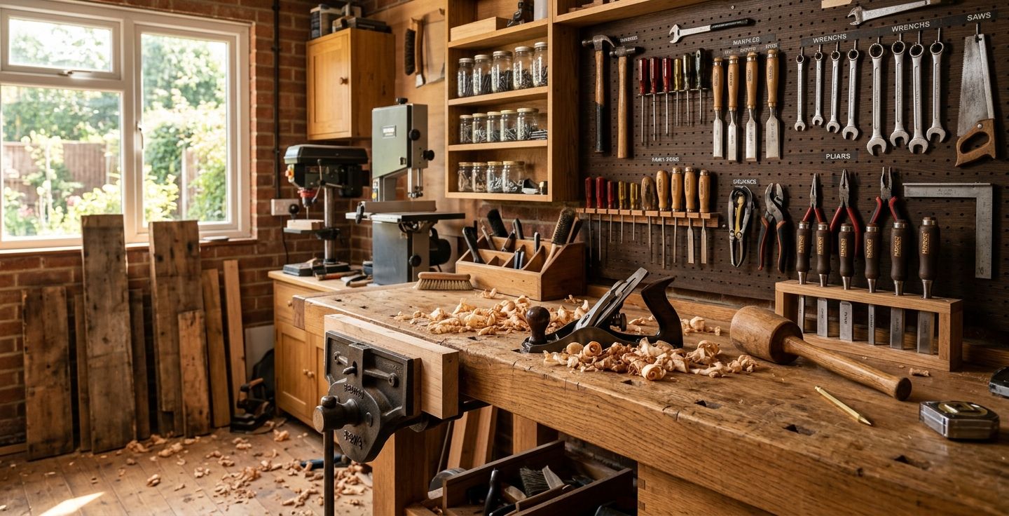 A beautifully organized wooden workbench in a sunny garage filled with vintage hand tools and wood shavings