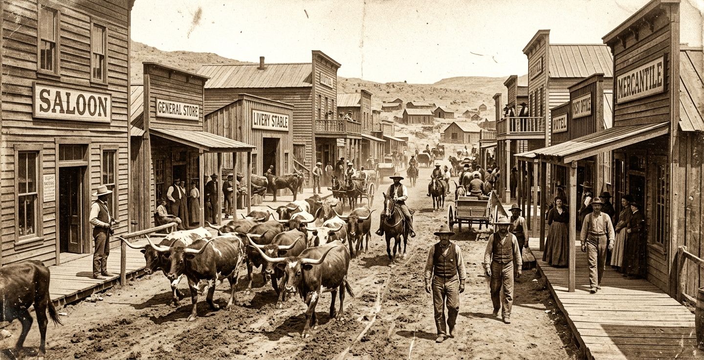 A sepia toned historical style photograph of a busy dusty nineteenth century western boomtown with wooden buildings cattle in the street and weary workers in plain practical clothing