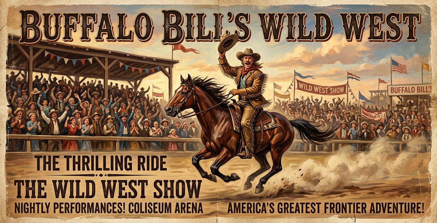 A vintage style painted poster showing a highly dramatic wild west show with a galloping horse a brave rider waving a hat and a cheering crowd in the background