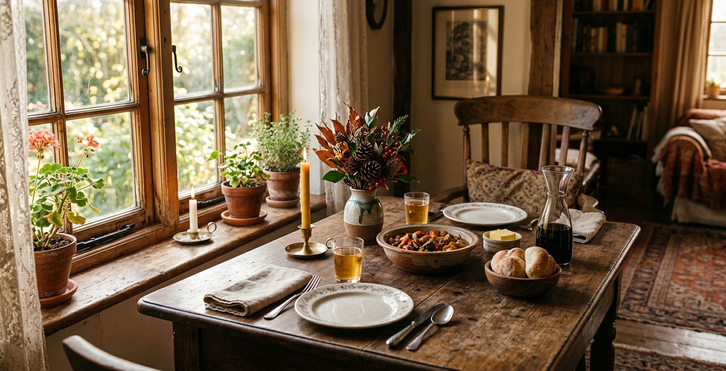 An old wooden dining table set for a simple but warm holiday meal with sunlight streaming through a nearby window creating a nostalgic atmosphere