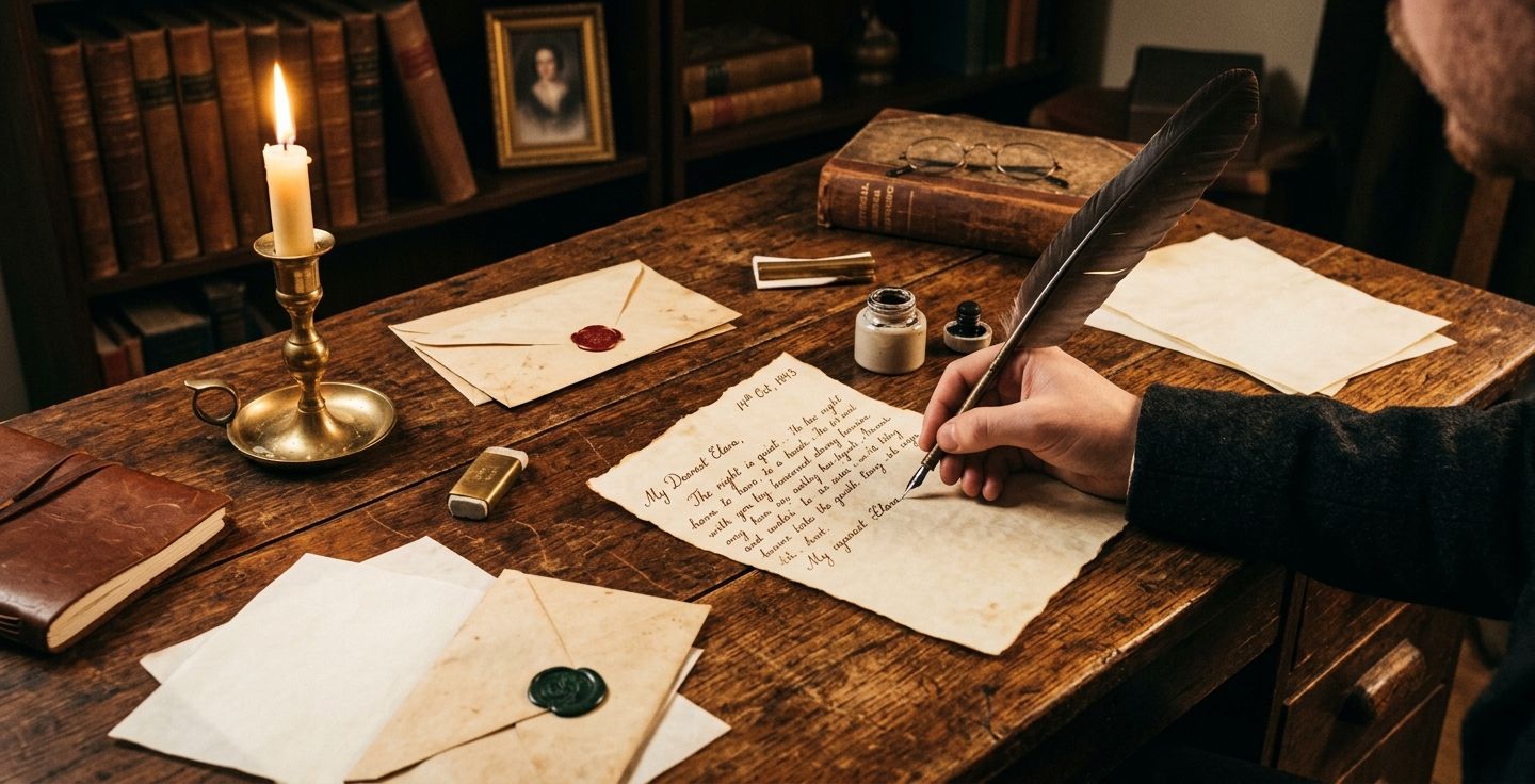 An old fashioned wooden desk with handwritten letters and a quill pen bathed in warm candlelight showing historical letter writing