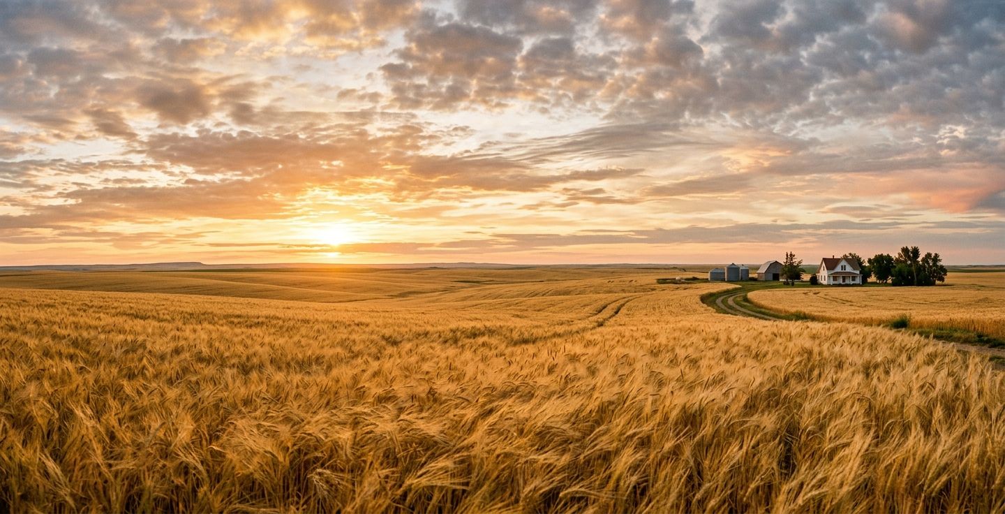 An expansive golden wheat field at sunrise in the Great Plains with a dramatic vast sky and a small classic farmhouse in the distance