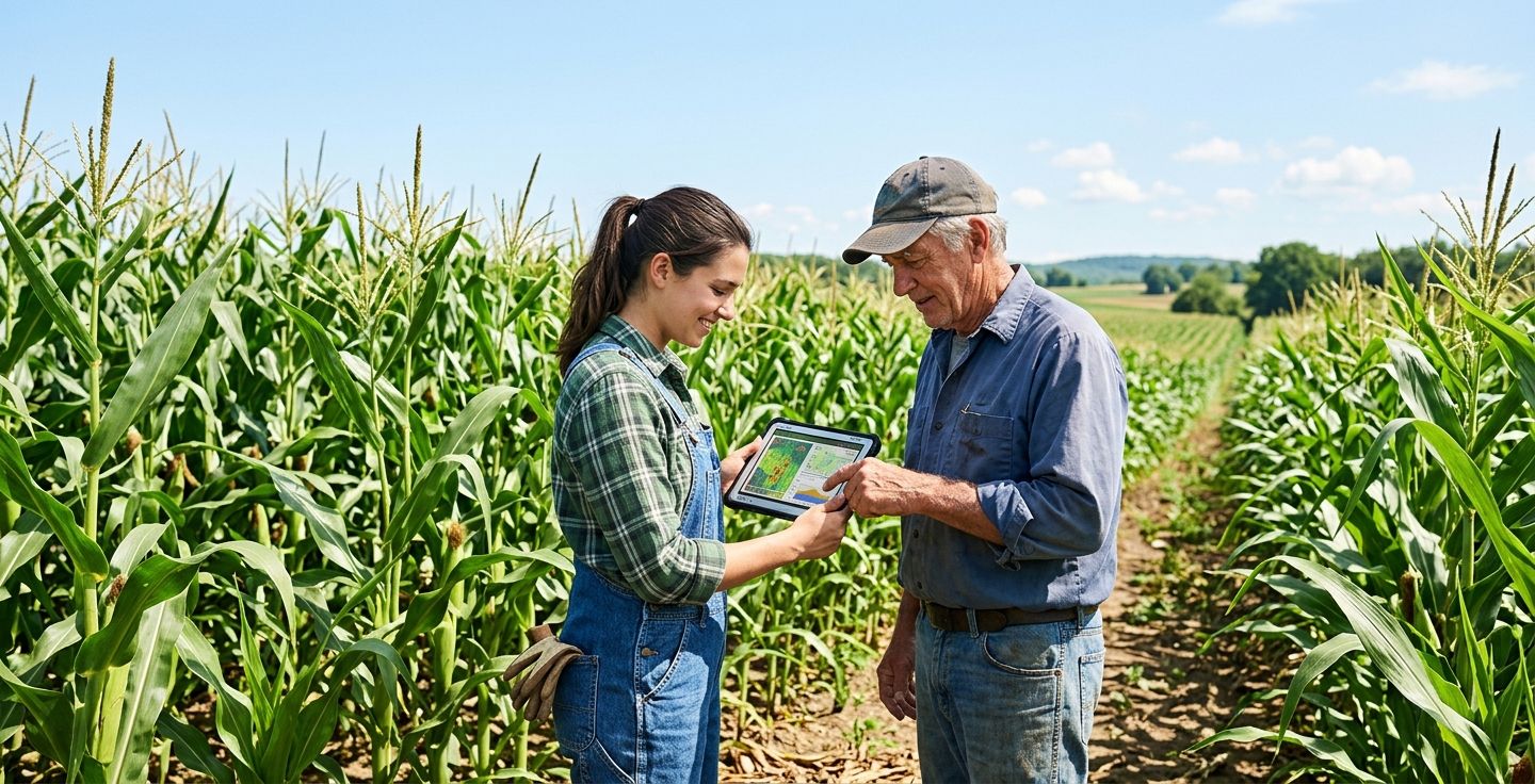 A young female farmer standing next to an older male farmer looking at a tablet together in a bright green cornfield under a clear blue sky