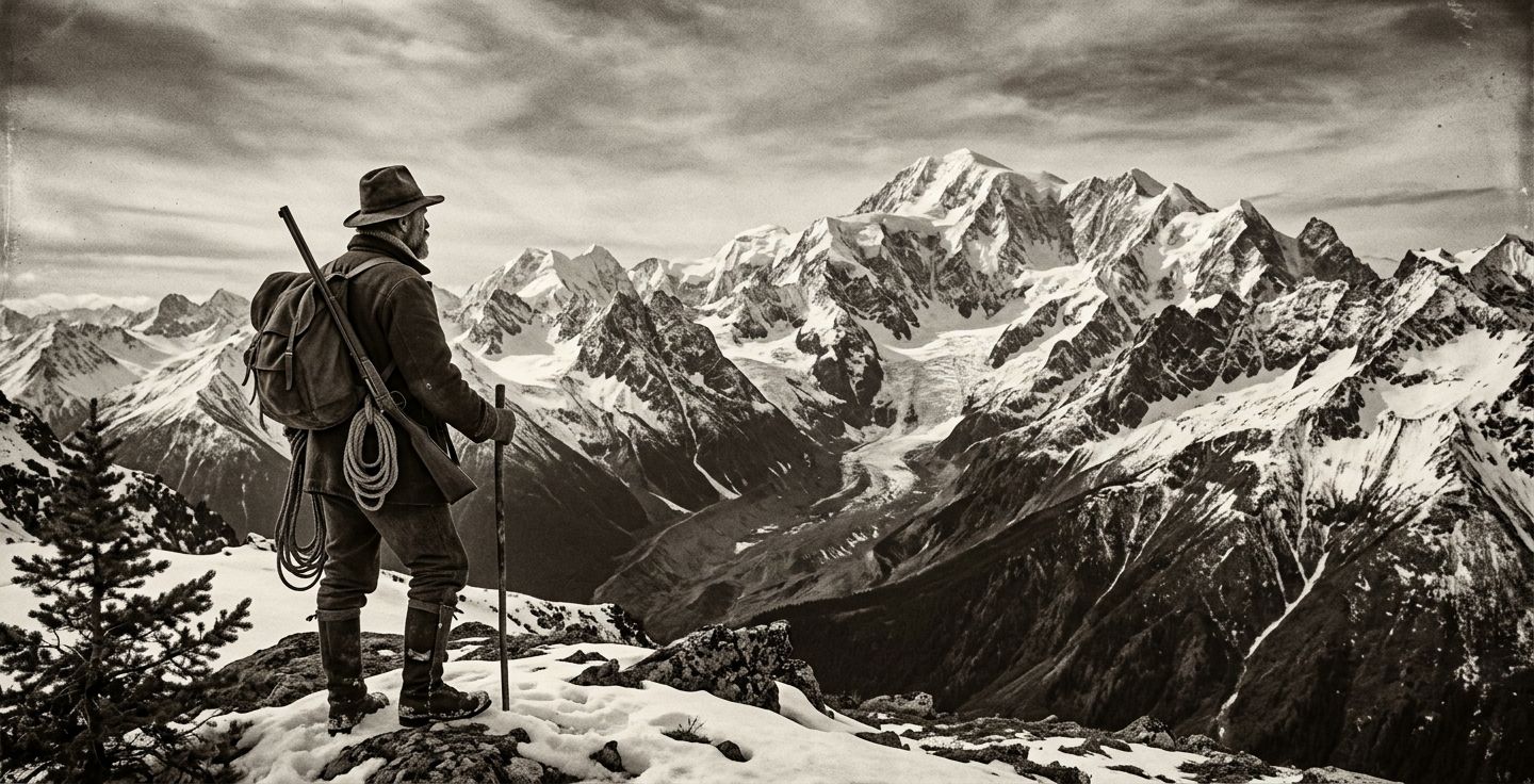 A black and white or sepia toned image of an early pioneer looking at a massive snowy mountain range in Alaska capturing a sense of historical awe