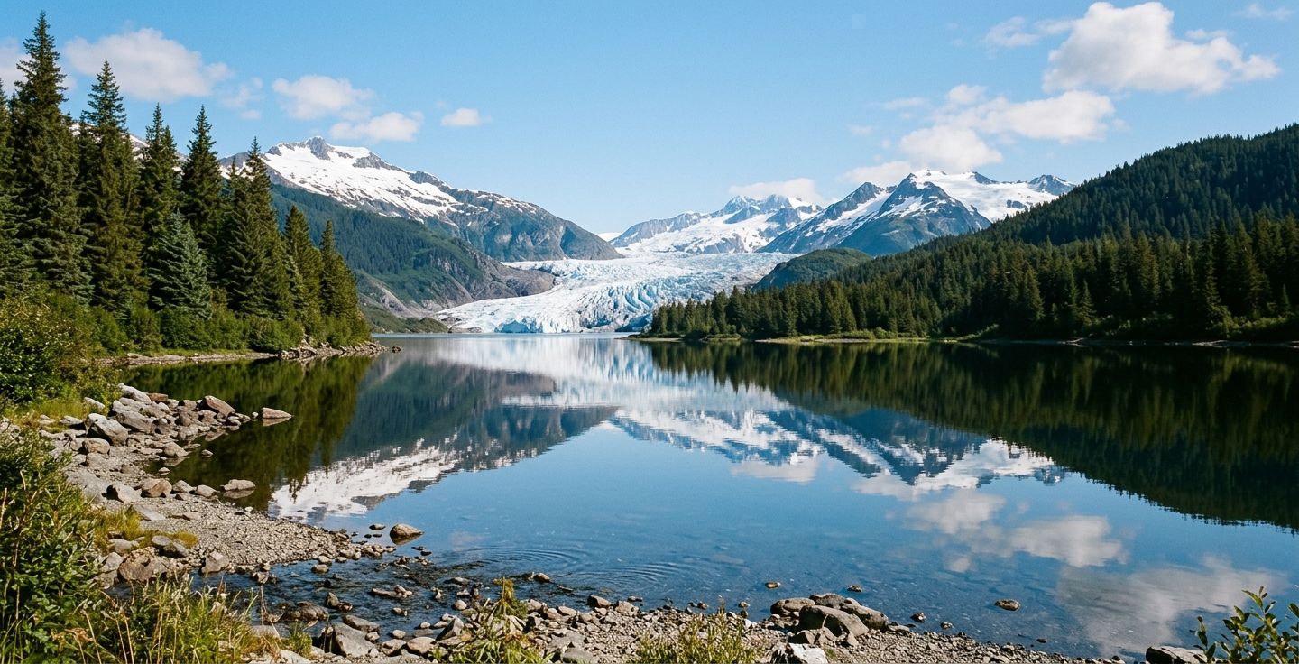 A serene view of a calm Alaskan lake reflecting a majestic glacier and pine trees under a clear sky