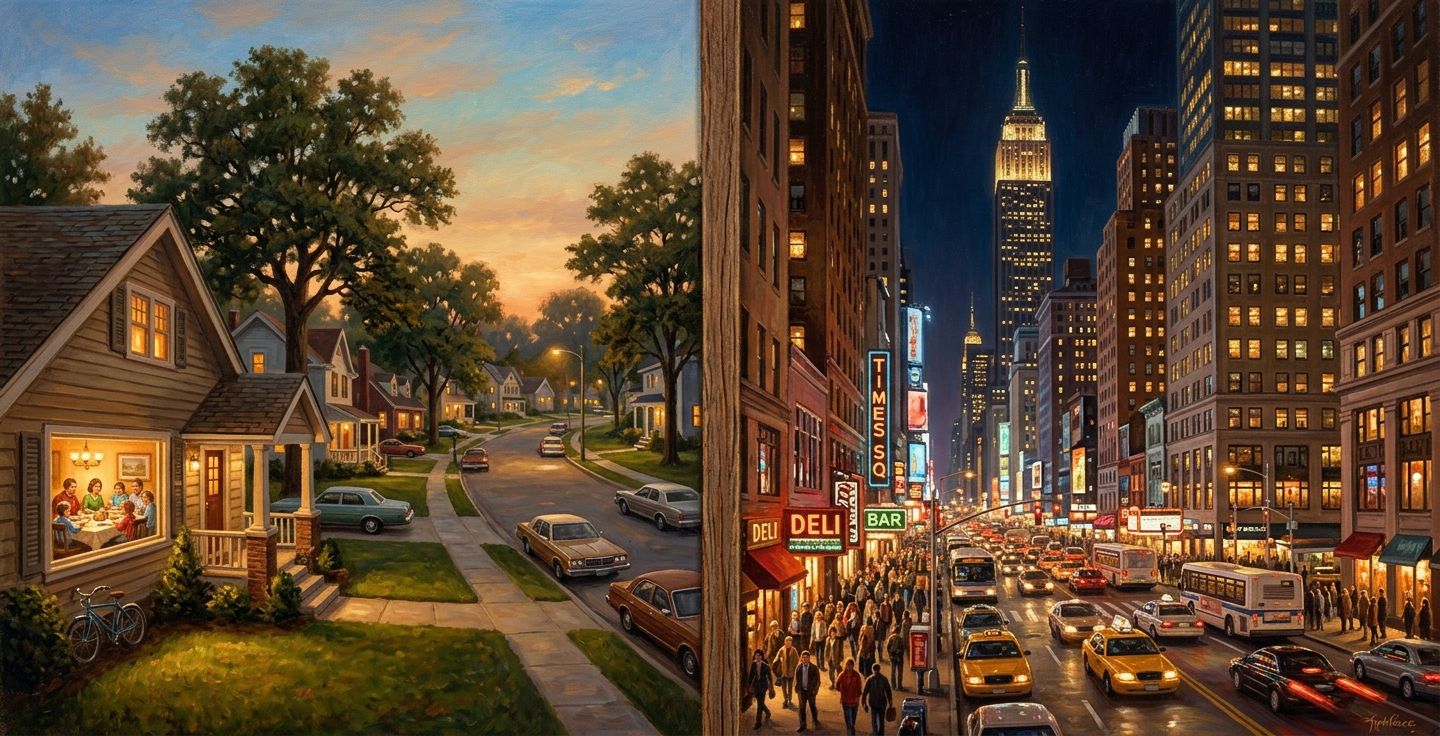 A warm and nostalgic split view painting showing a quiet Midwestern suburban neighborhood at dusk with families eating dinner and a busy New York city street at night with glowing office windows