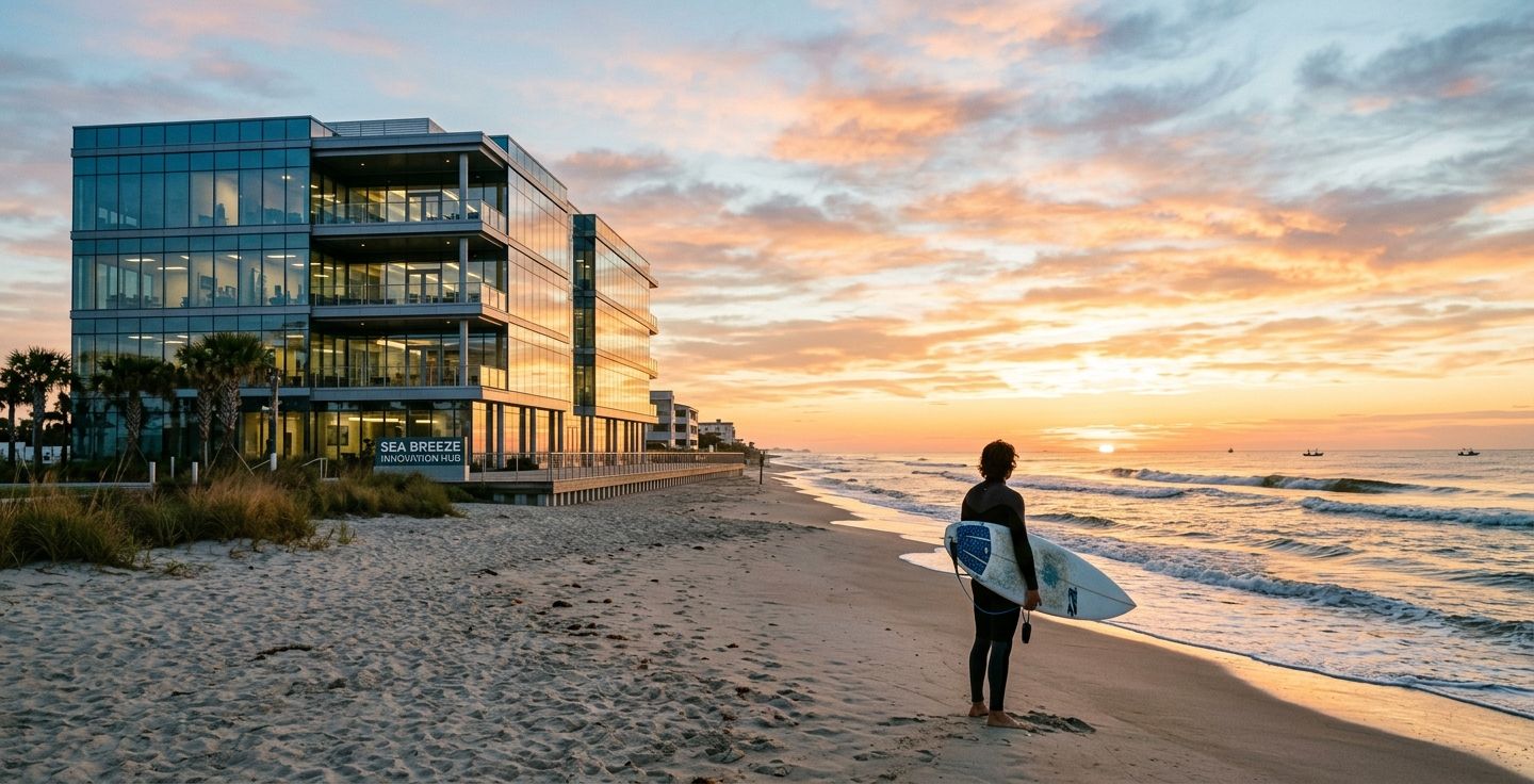 A peaceful coastal scene at sunrise featuring a modern glass office building standing next to a sandy beach where a person holds a surfboard looking out at the ocean waves