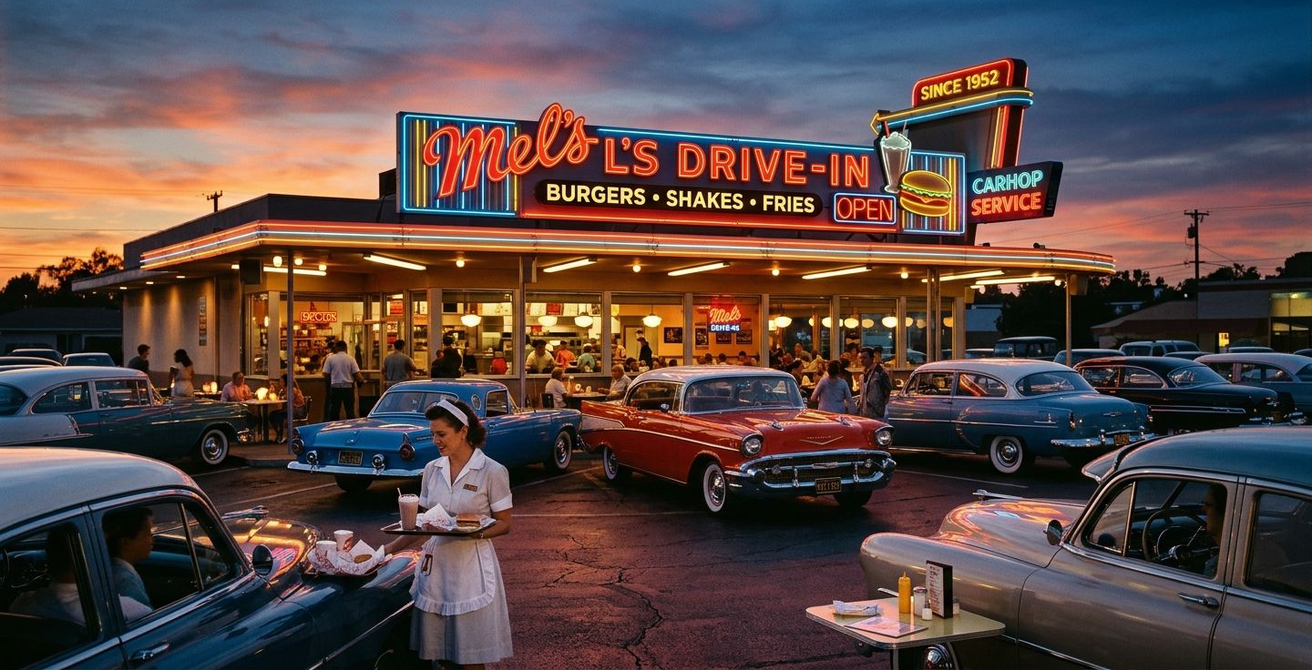 A vintage 1950s drive in restaurant at sunset with classic cars parked out front glowing neon signs paper wrappers warm nostalgic lighting realistic photo