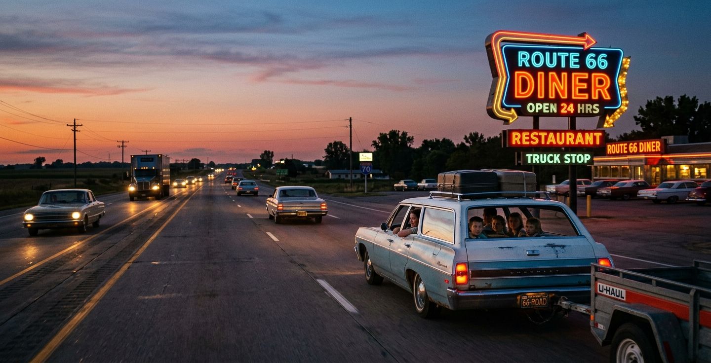 A classic american interstate highway at dusk in the 1960s a family station wagon driving by a glowing neon restaurant sign hopeful and nostalgic atmosphere realistic photo