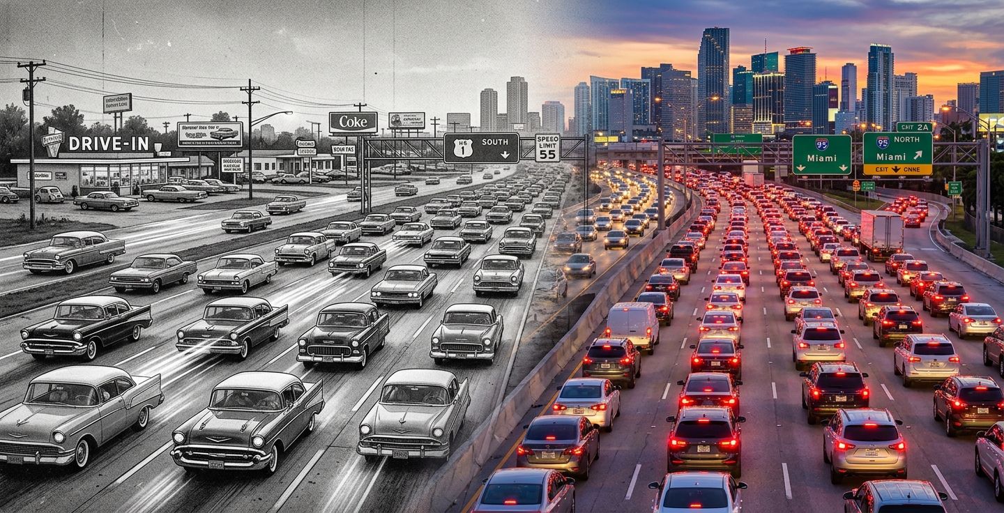 A vintage black and white style illustration showing a busy 1950s highway filled with classic cars fading into a modern colorized view of a crowded interstate with red brake lights