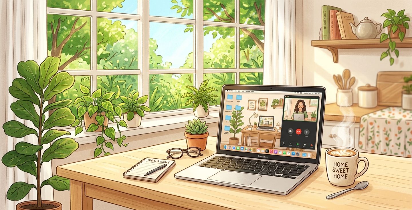 A warm and inviting illustration of a bright sunlit kitchen table with a hot cup of coffee and a modern computer showing a peaceful home office setting with green trees visible through the window