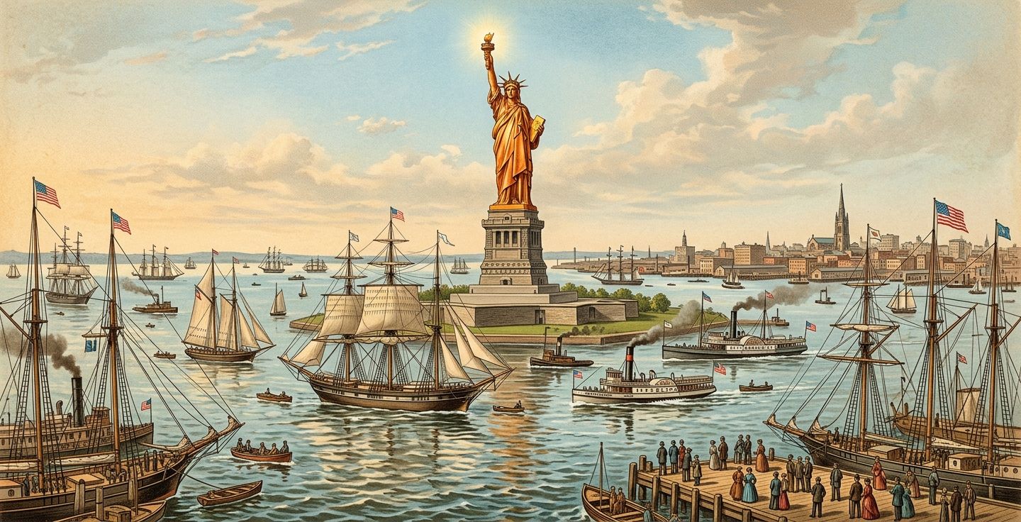 A realistic historical illustration of the Statue of Liberty in the late 1800s shining in its original shiny copper penny color with vintage ships sailing in New York Harbor.