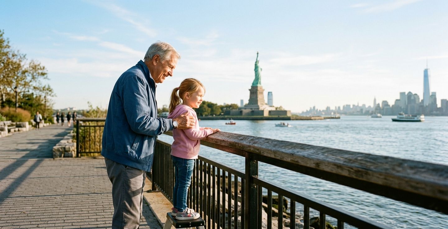 A heartwarming scene of an elderly person and a young grandchild standing at a railing looking out at the green Statue of Liberty in the distance under a bright morning sky.