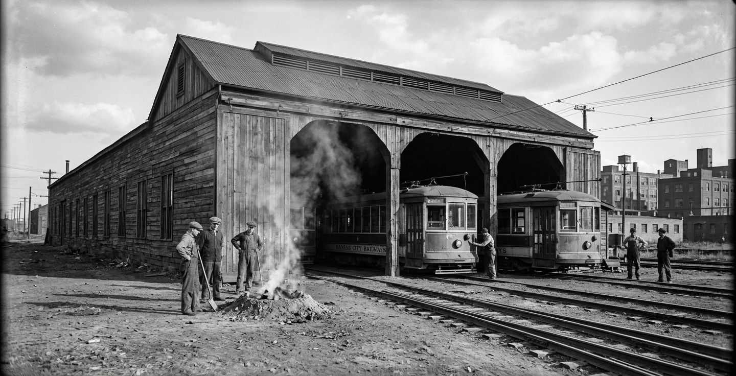 A black and white photograph style illustration of a rustic trolley barn in Kansas City during the 1920s with gentle smoke rising from an earthen pit