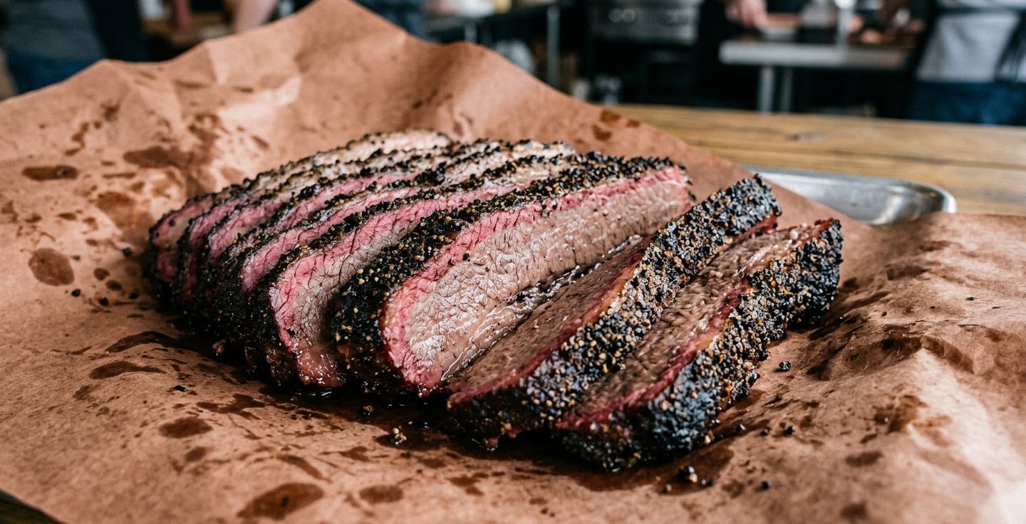 A close up illustration of sliced smoked brisket resting on brown butcher paper showing a bright pink smoke ring and a coarse black pepper crust